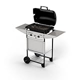 Campingaz Expert Plus Barbacoa gas piedra volcanica, parrilla gas con dos quemadores compactos, 7 kW de potencia, parrilla de acero y mesas laterales, Color Negro, Gris