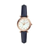 Fossil Carlie Mini Reloj para mujer, movimiento de cuarzo con correa de acero o piel, Azul y tono oro rosa, 28MM