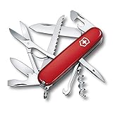 Victorinox Huntsman, Swiss Army Knife, Navaja suiza multiusos con 15 funciones, incluyendo tijeras, sierra para madera y sacacorchos, color rojo