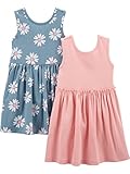 Simple Joys by Carter's Conjunto de vestidos sin mangas y de manga corta para jugar Bebé Niña, Pack de 2, Azul Marino Floral/Rosa, 12 meses