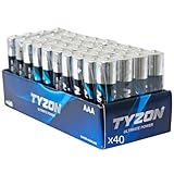 Tyzon Pilas Alcalinas AAA 1,5 V, Pack de 40 – Duraderas y Potentes, Ideales para Aparatos Domésticos y Electrónicos