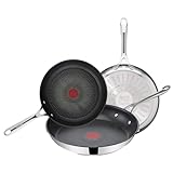 Tefal Jamie Oliver - Juego 3 Sartenes: 3 Sartenes 20/24/28 cm de acero inoxidable, sartenes antiadherentes, reforzado con Titanio, Thermo-Signal, forma profunda, todo tipo de cocinas, fácil limpieza