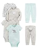 Simple Joys by Carter's 6-Piece Neutral Bodysuits (Short Long Sleeve) and Pants Set Infant Toddler Clothing-Sets, Gris/Verde Menta/Elefante/Cordero, 0-3 Meses Unisex bebé