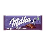 Milka Tableta de Triple Chocolate con Leche de los Alpes con Trozos de Galleta de Chocolate, Crema de Cacao y Relleno Líquido de Cacao 90g