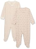 Amazon Essentials Pelele de algodón orgánico con pies para Dormir y Jugar (Anteriormente Amazon Aware) Unisex Bebés, Pack de 2, Beige Ratón/Blanco Rayas, 3-6 Meses