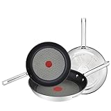 Tefal Duetto - Juego de 3 Sartenes de 20/24/28 cm de acero inoxidable, sartenes antiadherentes, base gruesa, reforzada a prueba de impactos, fácil limpieza, apto para todo tipo de cocinas