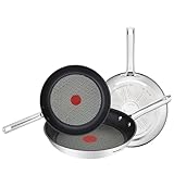 Tefal Duetto - Juego de 3 Sartenes de 20/24/28 cm de acero inoxidable, sartenes antiadherentes, base gruesa, reforzada a prueba de impactos, fácil limpieza, apto para todo tipo de cocinas