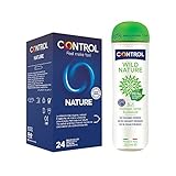 Control Preservativos Nature & Gel de Masaje Wild - Caja de 24 Condones Lubricados y Gel De Masaje Corporal Con Aroma a Té Negro 200 ml e Ingredientes Naturales (Pack Ahorro)