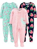 Simple Joys by Carter's 3-Pack Loose Fit Flame Resistant Polyester Jersey Footed Pajamas Mamelucos para bebés y niños pequeños, Dinosaurio/Estampado de Fresas/Flamenco, 12 Meses (Pack de 3)