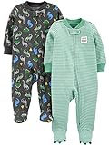 Simple Joys by Carter's 2-Pack 2-Way Zip Cotton Footed Sleep and Play Mamelucos para bebés y niños pequeños, Gris Oscuro Dinosaurio/Verde Menta Rayas, 0-3 Meses (Pack de 2)