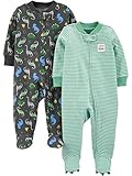 Simple Joys by Carter's 2-Pack 2-Way Zip Cotton Footed Sleep and Play Mamelucos para bebés y niños pequeños, Gris Oscuro Dinosaurio/Verde Menta Rayas, 0-3 Meses (Pack de 2)