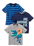 Simple Joys by Carter's 3-Pack Short-Sleeve tee Shirts Camiseta, Azul Marino Estampado con Texto/Azul Rayas/Gris Dinosaurio, 3 años (Pack de 3) para Bebés