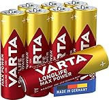 VARTA Pilas alcalinas Longlife Max Power AA (paquete de 8), fabricadas en Alemania (el embalaje puede variar)