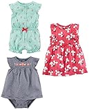 Simple Joys by Carter's 3-Pack Romper, Sunsuit and Dress Infant Toddler-Rompers, Azul Marino Rayas/Rosa Floral/Verde Menta Cereza, 0 Meses (Pack de 3) Bebé Niñas