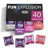 Durex Preservativos Mixtos Fun Explosion Sabor Fresa, Dame Placer, Sensitivo Suave y Contacto Total, 40 Condones, 52 y 56 mm